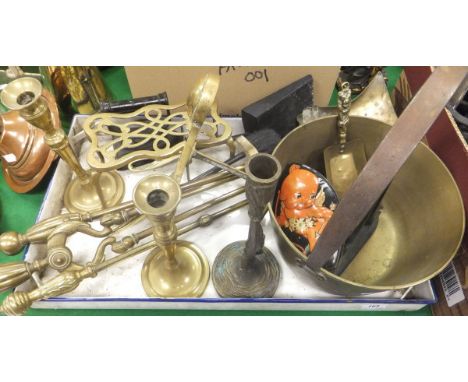 A brass preserve pan, three assorted brass candlesticks, fireside tools, trivet, etc, together with a box of assorted electro