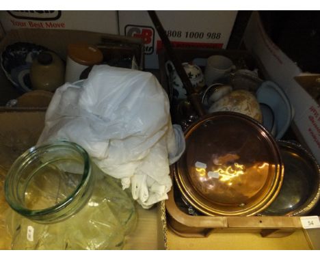 A box of assorted china and glass to include a pair of Victorian enamel decorated vases, cut glass decanter, etc, together wi