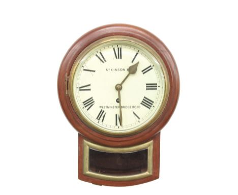 Mahogany single fusee 8" drop dial wall clock signed Atkinson &amp; Co, Westminster Bridge Road, within a turned surround ove