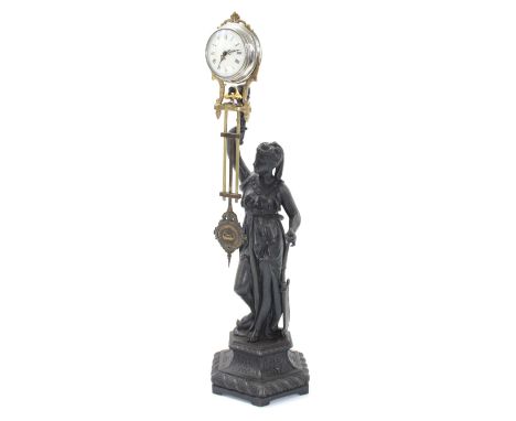French spelter swinging mystery mantel clock, the movement with 2.5" white dial being held aloft by a classically robed lady 