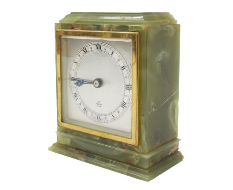 Elliott green onyx mantel clock, the silvered square dial plate and chapter ring within a stepped case, 6" high