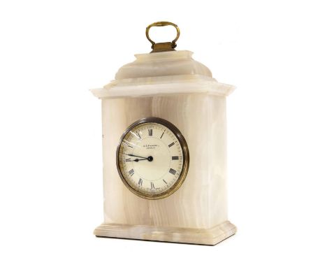 Buren Swiss onyx and brass mounted mantel clock, the dial branded 'J.C.Vickery, London' (retailers), within a caddy top case 