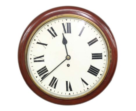 Mahogany single fusee 12" wall dial clock inscribed G.P.O., within a turned surround (pendulum and key)
