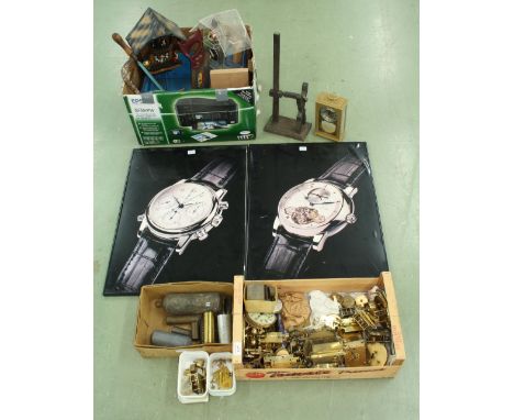 Mixed quantity of horological items, including part clocks, movements, weights and tools etc