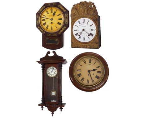 Old French Comptoise two train wall clock, the 9.25" white convex dial signed Laporte á Montegut, within a repousse brass sur