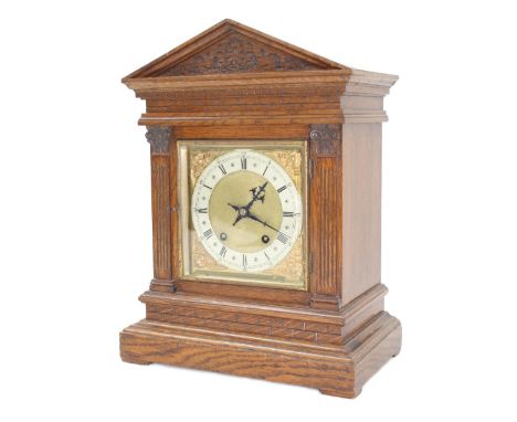 German oak ting-tang mantel clock, the W&amp;H movement striking on two gongs, the 7" square brass dial with silvered chapter