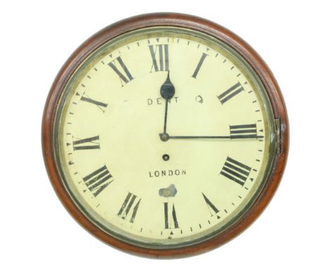 Mahogany single fusee 12" wall dial clock signed Dent, London, within a turned surround (pendulum and key)