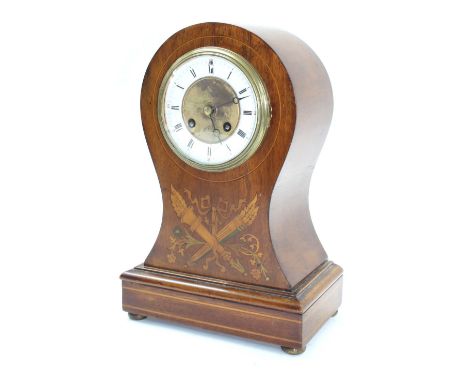 French mahogany inlaid two train balloon mantel clock striking on a gong, the 4" white dial enclosing a gilt engine turned ce