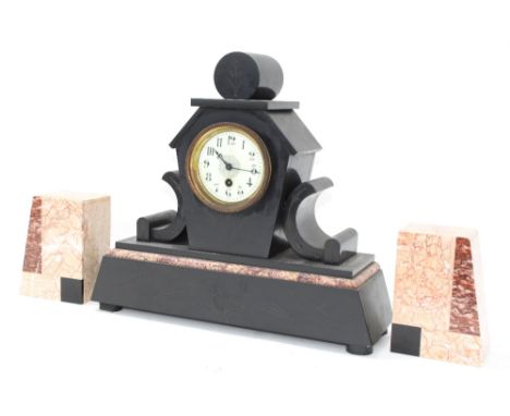 Black slate and red marble mantel clock garniture, the 3.75" cream dial within an angled pillar with scrolling supports and u