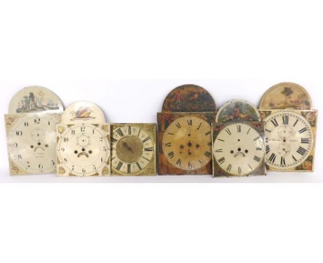 Five various painted arched longcase clock dials; also a 12" square brass dial (6)