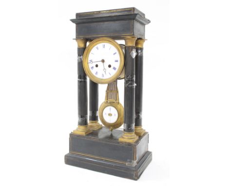 French ebonised and ormolu mounted two train portico mantel clock in need of restoration, the unusual movement quarter striki