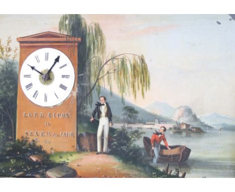 Musical picture clock with alarm, the 3.25" white enamel dial with central brass alarm dial, set into a memorial stone inscri