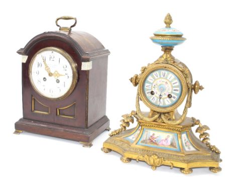 French ormolu and porcelain mounted two train drumhead mantel clock, the Japy &amp; Cie movement with outside countwheel stri