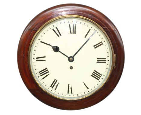 Mahogany single fusee 12" wall dial clock, within a turned surround (pendulum and key)
