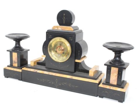 Unusual French black slate and yellow veined marble two train mantel clock garniture striking on a bell, the 4.5" gilt dished