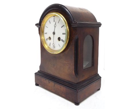 French walnut and ebonised two train mantel clock striking on a bell, the 3.5" white dial within a stepped rounded arched cas