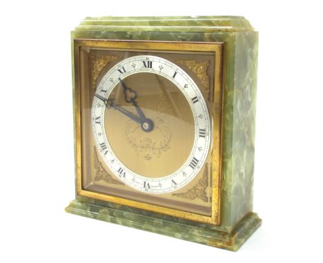 Large Elliott green onyx mantel clock, the 5.5" square gilded dial with silvered chapter ring enclosing a foliate engraved ce