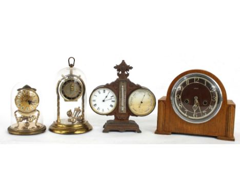 Gilt metal desk compendium, comprising twin 3.25" white painted dials either side of a thermometer fitted to a silver scaled 