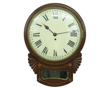 Rosewood single fusee 12" convex drop dial wall clock, within a turned surround over carved ears and a pendulum window, inlai
