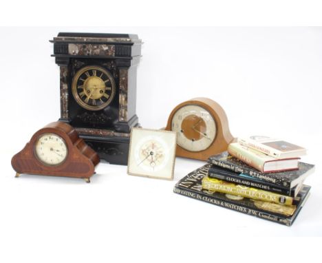 French black slate and coloured marble two train mantel clock striking on a gong, 16" high; also a Smiths walnut three train 