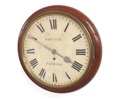 Mahogany single fusee 12" wall dial clock signed Rampton, Farnham, within a turned surround (pendulum) 