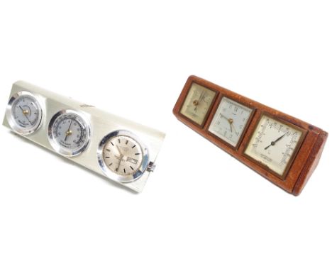 Condor triple dial clock compendium with alarm timepiece flanked by barometer and temperature dials, 8" wide; also another ch