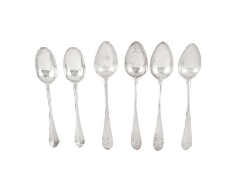  A MATCHED SET OF SIX CELTIC POINT PATTERN TABLESPOONS WILLIAM AULD, EDINBURGH 1798 & PATRICK ROBERTSON, EDINBURGH 1788 with 
