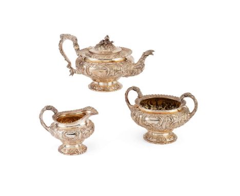  A GEORGE IV THREE-PIECE TEA-SERVICE MITCHELL & SONS, GLASGOW 1824 comprising a teapot, twin-handled sugar bowl and milk jug,