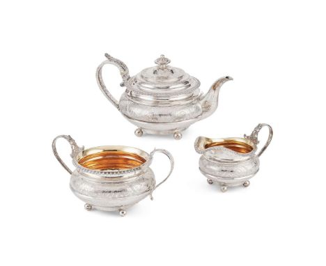  A GEORGE IV THREE-PIECE TEA-SERVICE JOHN WALTON, NEWCASTLE 1821 comprising a teapot, twin-handled sugar basin and a milk jug