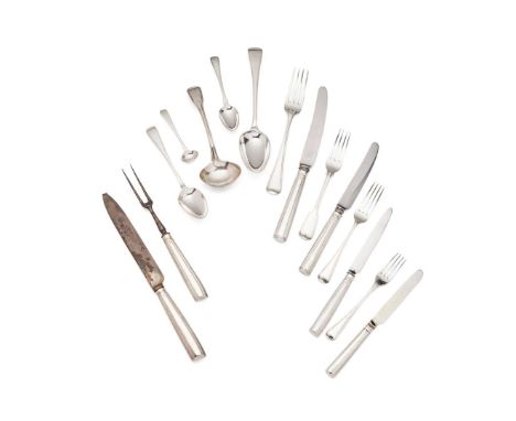  A MATCHED SET OF GEORGE III FLATWARE R. CROSSLEY, LONDON comprising, a carving set, twelve tablespoons, twelve dessert spoon