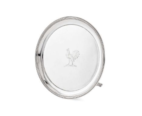  A GEORGE III TEAPOT STAND PETER & ANN BATEMAN, LONDON 1795 of circular outline, threaded border, engraved cockerel crest to 
