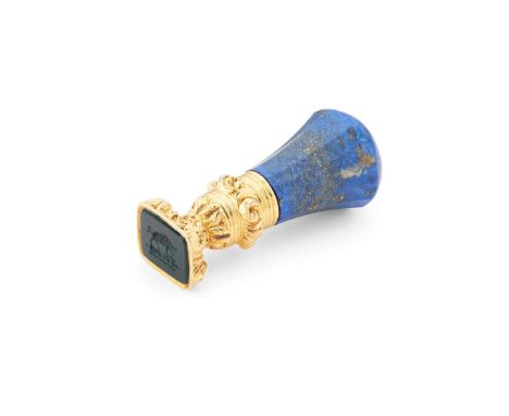  A 19TH CENTURY LAPIS LAZULI, GOLD AND BLOODSTONE MOUNTED SEAL  the tapered lapis lazuli handle with domed terminal, gold col