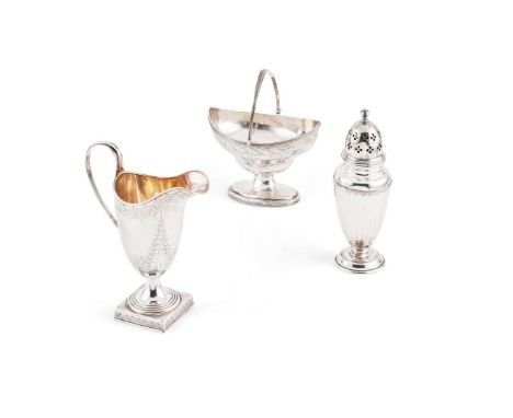  A GEORGE III SWING-HANDLED SUGAR BASIN PETER AND ANN BATEMAN, LONDON 1792 of oval outline, bright-cut engraved decoration, e