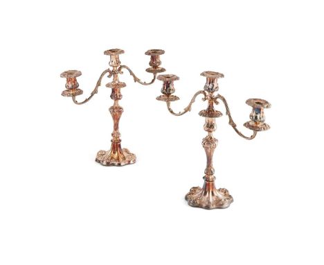  A PAIR OF 1970s THREE LIGHT CANDELABRA ROBERTS & BELK LTD, SHEFFIELD 1972 the knopped baluster stems (loaded) with acanthus 