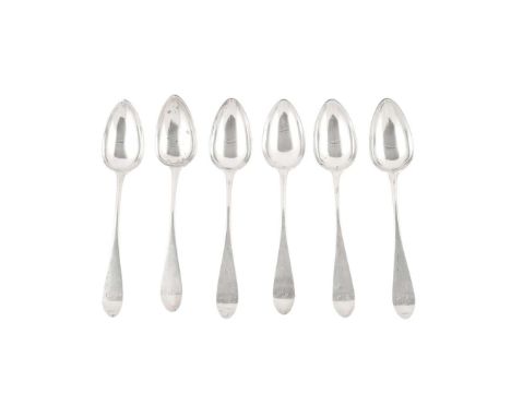  A SET OF SIX GEORGE III CELTIC POINT PATTERN TABLESPOONS FRANCIS HOWDEN, EDINBURGH 1790 italic HS to terminal&nbsp; 23.7cm, 