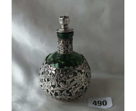 Eastern green scent flask overlaid birds and flowers, 4” high 