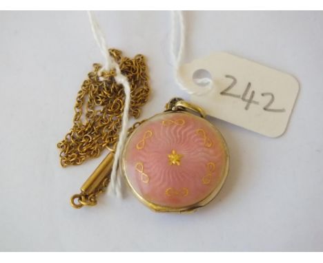 Pink enamel circular locket on chain     