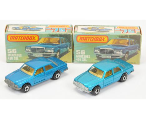 Matchbox Superfast 56c Mercedes 450 SEL pair (1)&nbsp; darker shade metallic blue body, clear windows, tan interior, bare met
