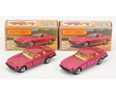 Matchbox Superfast 67c Datsun 260Z pair- both are metallic magenta body, clear windows, pale yellow interior, matt black base