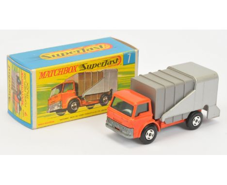 Matchbox Superfast 7a Ford D800 Refuse Truck - dark orange cab &amp; chassis, turquoise green windows, bare metal grille &amp