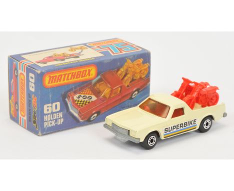 Matchbox Superfast 60c Holden Pick-up Truck - cream body with "Superbike" labels, light amber windows, red interior, red Moto
