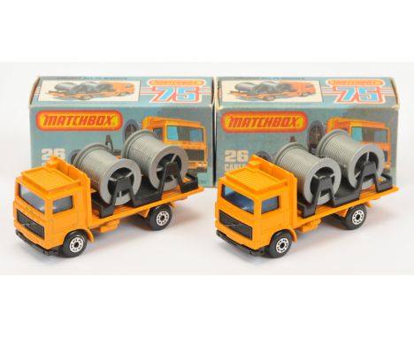 Matchbox Superfast 26e Volvo Cable Truck pair - orange body, black frame with silver-grey drums, dark blue windows, black pla