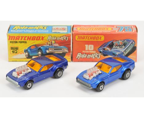 Matchbox Superfast 10b Ford Mustang Piston Popper pair (1) metallic dark blue body, white interior, dark amber windows, 5 spo