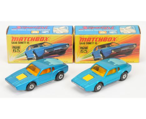 Matchbox Superfast 65a Saab Sonett pair (1) metallic blue body with light blue plastic rear tailgate, light amber windows, da
