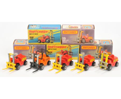 Matchbox Superfast 15b Lansing Bagnall Forklift Truck group (1) red body, labels with Pegasus at rear; black plastic steering