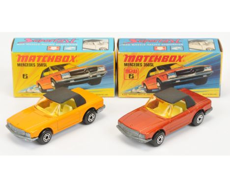 Matchbox Superfast 6b Mercedes 350 SL pair (1) orange body with black roof, light amber windscreen, pale yellow interior, bar