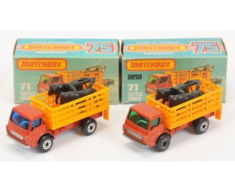 Matchbox Superfast 71c Dodge Cattle Truck pair (1) metallic bronze cab &amp; chassis without rear tow hook cut-out, dark gree