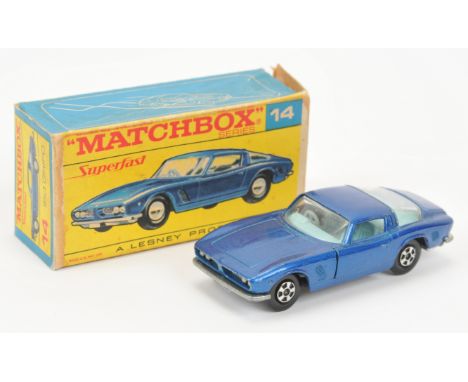 Matchbox Superfast 14a Iso Grifo - metallic dark blue body, clear windows, light blue interior, bare metal base, solid 5-spok