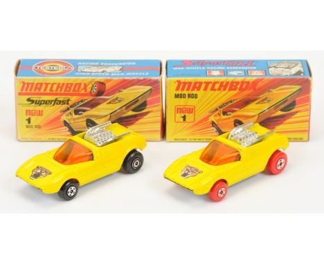 Matchbox Superfast 1b Mod Rod pair - (1) yellow body with Wild Cat hood label, amber windows, chrome engine, red 4-spoke whee