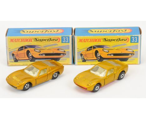 Matchbox Superfast 33a Lamborghini Miura pair (1) Metallic gold body with low arches, bare metal base, solid 5-Spoke narrow w